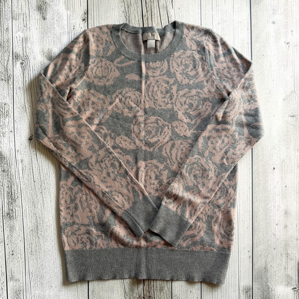 Floral Metallic Sparkle Knit Crew Neck Sweater Gray Pink Womens Small LOFT